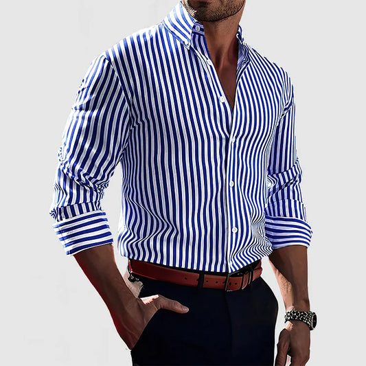 "Camicia uomo cotone striata elegante blu, righe verticali, design classico, versatile per eventi formali e casual"