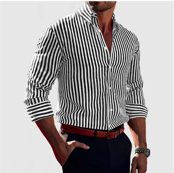 "Camicia uomo cotone striata elegante blu, righe verticali, design classico, versatile per eventi formali e casual"