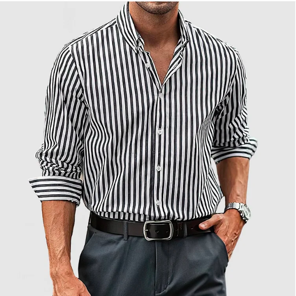 "Camicia uomo cotone striata elegante blu, righe verticali, design classico, versatile per eventi formali e casual"