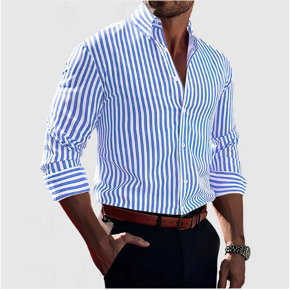 "Camicia uomo cotone striata elegante blu, righe verticali, design classico, versatile per eventi formali e casual"