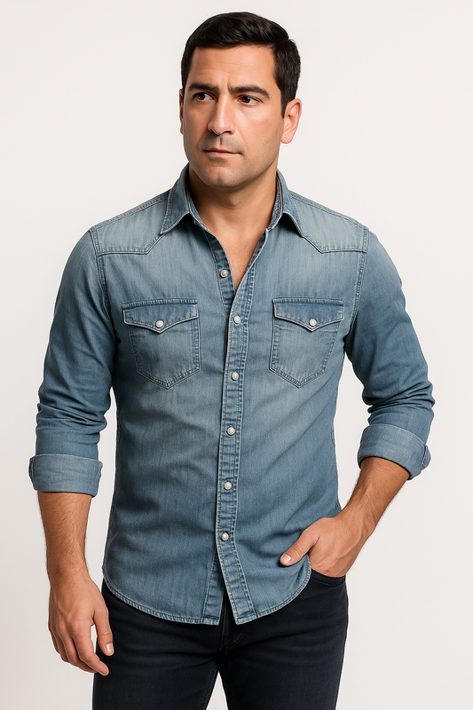 "Camicia uomo denim blu fronte, design classico elegante, ideale per look casual intramontabile, materiale resistente."