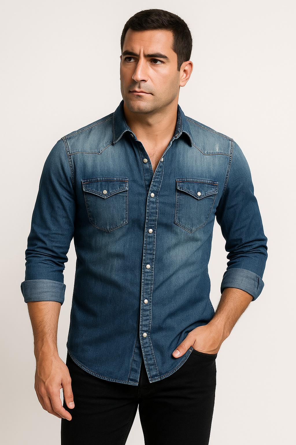 "Camicia uomo denim blu fronte, design classico elegante, ideale per look casual intramontabile, materiale resistente."