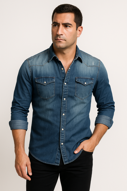 "Camicia uomo denim blu fronte, design classico elegante, ideale per look casual intramontabile, materiale resistente."
