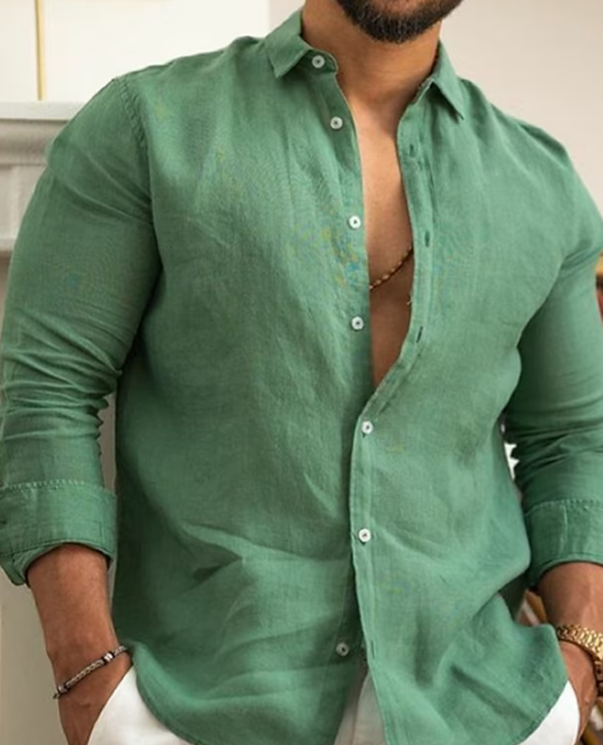 "Camicia uomo in lino elegante, traspirante, ideale per autunno, taglio raffinato, perfetta per eventi eleganti e informali."