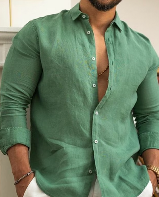 "Camicia uomo in lino elegante, traspirante, ideale per autunno, taglio raffinato, perfetta per eventi eleganti e informali."