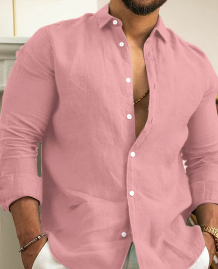 "Camicia uomo in lino elegante, traspirante, ideale per autunno, taglio raffinato, perfetta per eventi eleganti e informali."