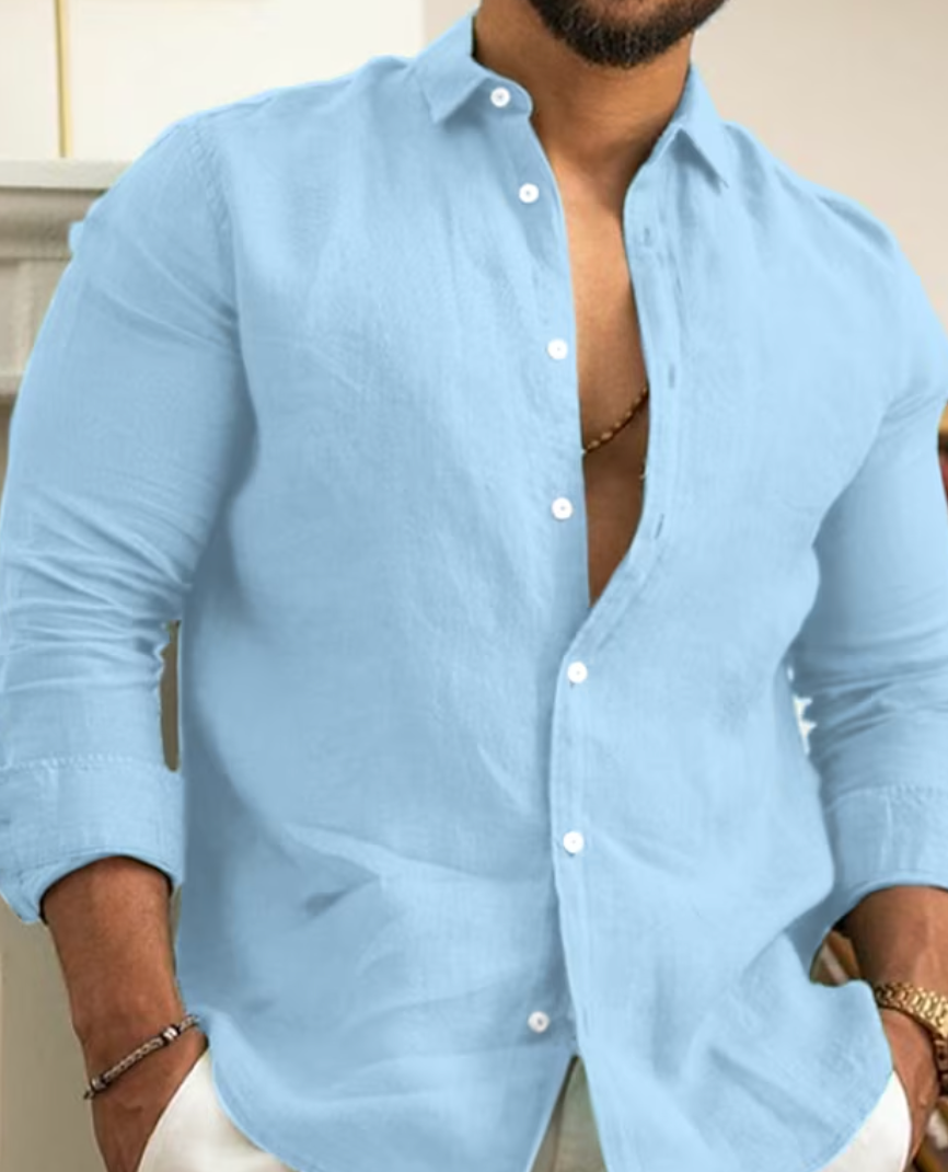 "Camicia uomo in lino elegante, traspirante, ideale per autunno, taglio raffinato, perfetta per eventi eleganti e informali."