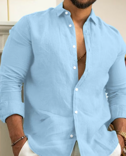 "Camicia uomo in lino elegante, traspirante, ideale per autunno, taglio raffinato, perfetta per eventi eleganti e informali."