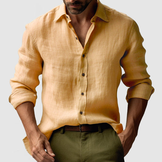 "Camicia uomo in lino vintage, maniche lunghe, leggera e traspirante in colori vivaci, stile elegante e rilassato"