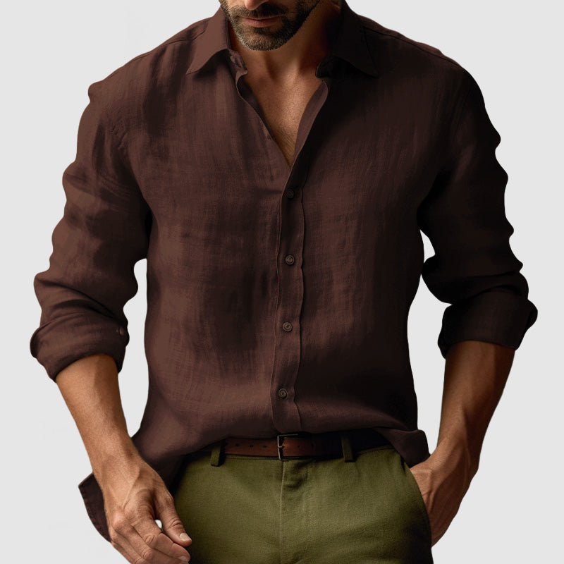 "Camicia uomo in lino vintage, maniche lunghe, leggera e traspirante in colori vivaci, stile elegante e rilassato"