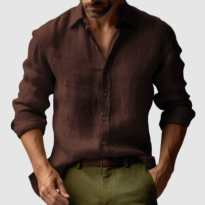 "Camicia uomo in lino vintage, maniche lunghe, leggera e traspirante in colori vivaci, stile elegante e rilassato"