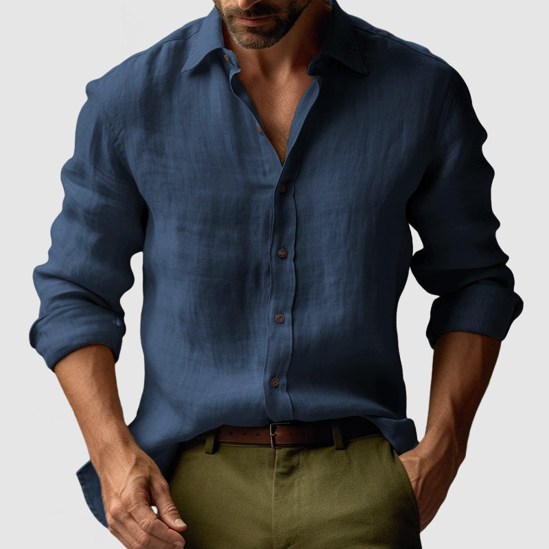 "Camicia uomo in lino vintage, maniche lunghe, leggera e traspirante in colori vivaci, stile elegante e rilassato"