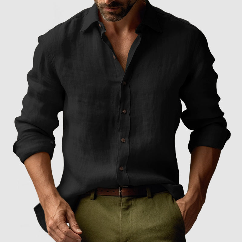 "Camicia uomo in lino vintage, maniche lunghe, leggera e traspirante in colori vivaci, stile elegante e rilassato"