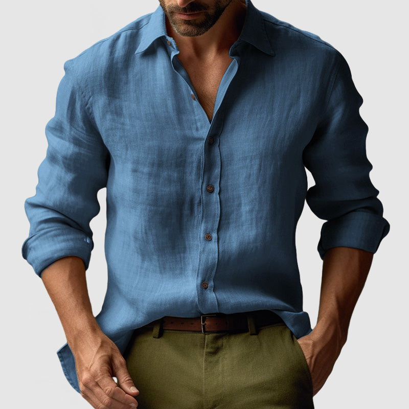 "Camicia uomo in lino vintage, maniche lunghe, leggera e traspirante in colori vivaci, stile elegante e rilassato"