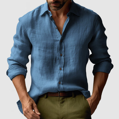 "Camicia uomo in lino vintage, maniche lunghe, leggera e traspirante in colori vivaci, stile elegante e rilassato"