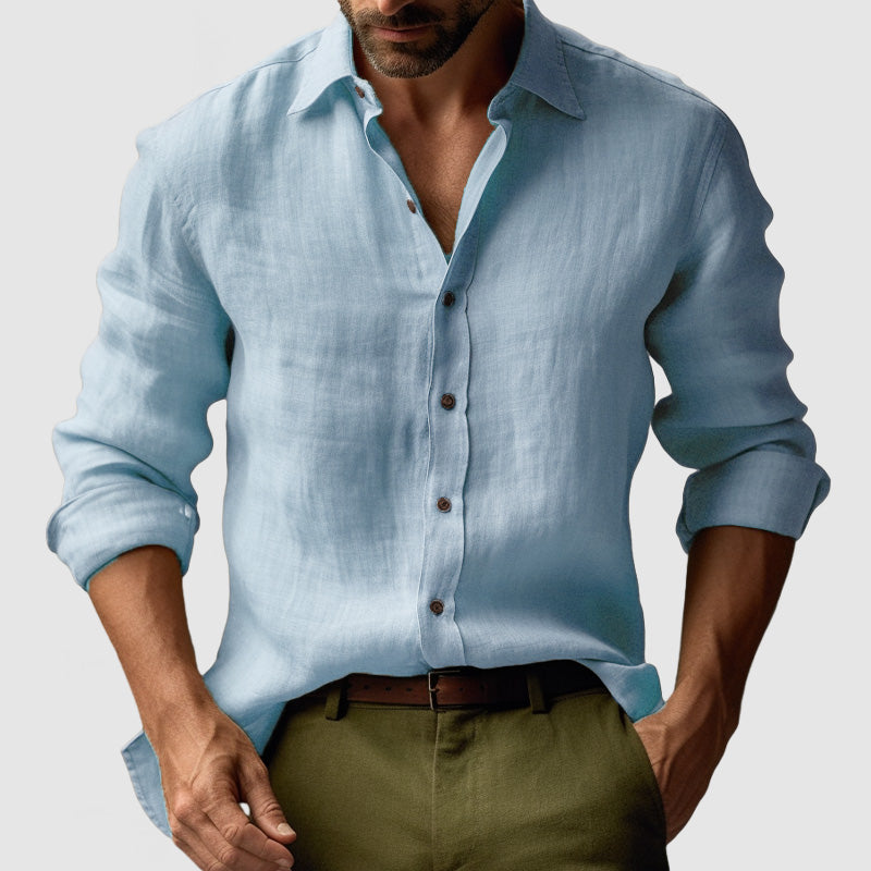 "Camicia uomo in lino vintage, maniche lunghe, leggera e traspirante in colori vivaci, stile elegante e rilassato"