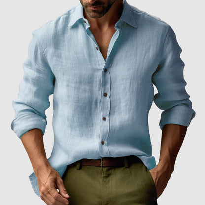 "Camicia uomo in lino vintage, maniche lunghe, leggera e traspirante in colori vivaci, stile elegante e rilassato"
