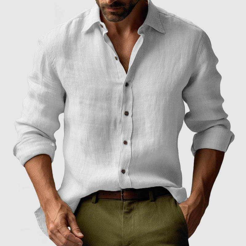 "Camicia uomo in lino vintage, maniche lunghe, leggera e traspirante in colori vivaci, stile elegante e rilassato"