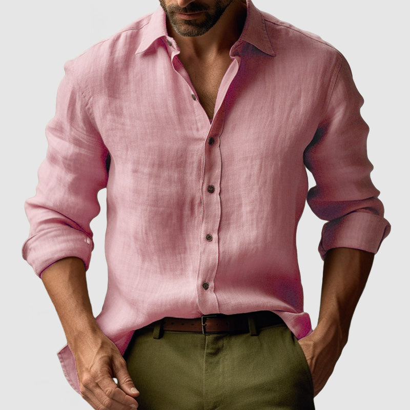 "Camicia uomo in lino vintage, maniche lunghe, leggera e traspirante in colori vivaci, stile elegante e rilassato"