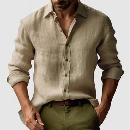 "Camicia uomo in lino vintage, maniche lunghe, leggera e traspirante in colori vivaci, stile elegante e rilassato"