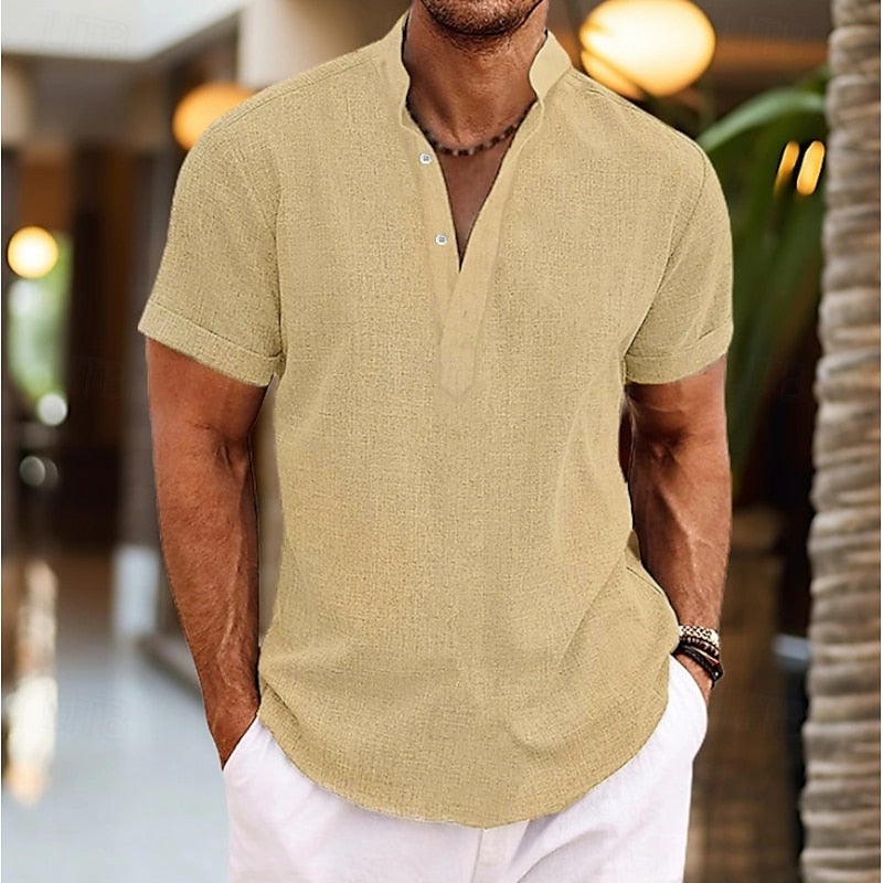 Camicia uomo lino maniche corte, leggera e traspirante, in tonalità azzurro, grigio, blu o malva per look estivo casual.