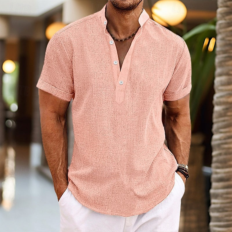 Camicia uomo lino maniche corte, leggera e traspirante, in tonalità azzurro, grigio, blu o malva per look estivo casual.