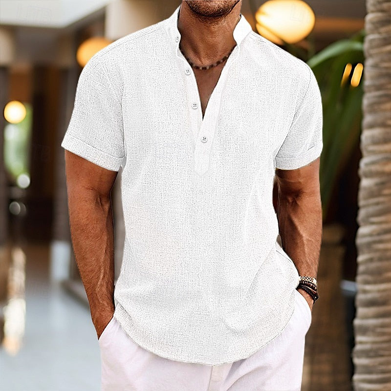 Camicia uomo lino maniche corte, leggera e traspirante, in tonalità azzurro, grigio, blu o malva per look estivo casual.