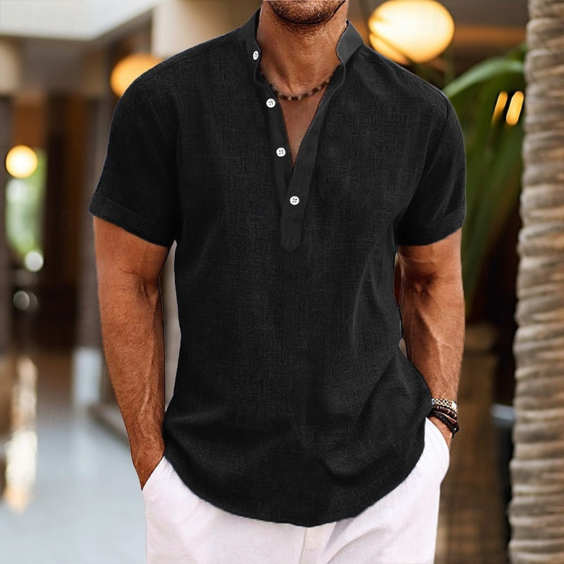 Camicia uomo lino maniche corte, leggera e traspirante, in tonalità azzurro, grigio, blu o malva per look estivo casual.