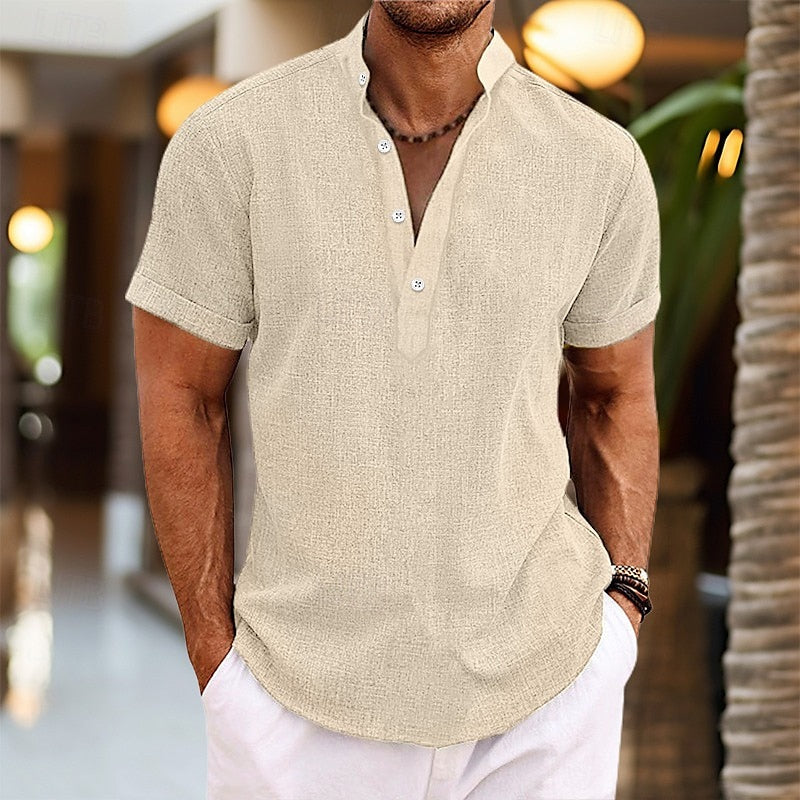 Camicia uomo lino maniche corte, leggera e traspirante, in tonalità azzurro, grigio, blu o malva per look estivo casual.