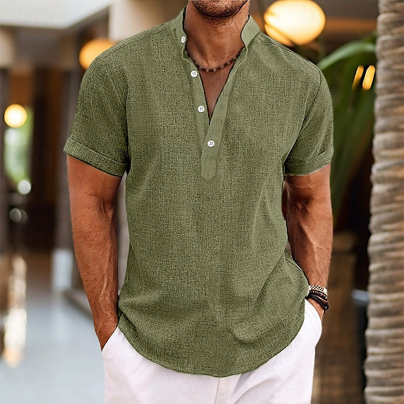 Camicia uomo lino maniche corte, leggera e traspirante, in tonalità azzurro, grigio, blu o malva per look estivo casual.
