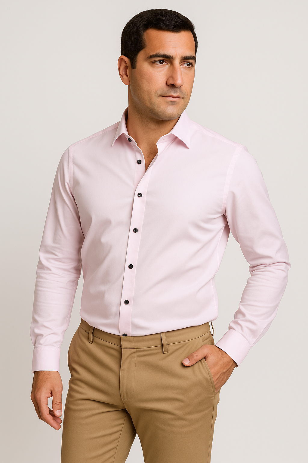 Camicia uomo slim fit bianca, vista frontale, tessuto traspirante, elegante e versatile per occasioni formali e casual.