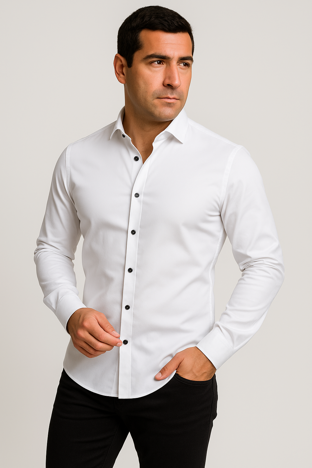Camicia uomo slim fit bianca, vista frontale, tessuto traspirante, elegante e versatile per occasioni formali e casual.