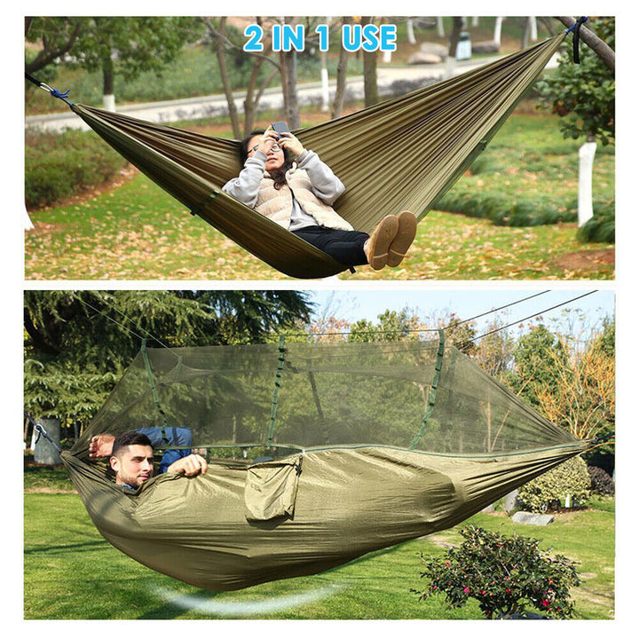 Full camping hammock system including net, rainfly, and an underquilt for comfort.
