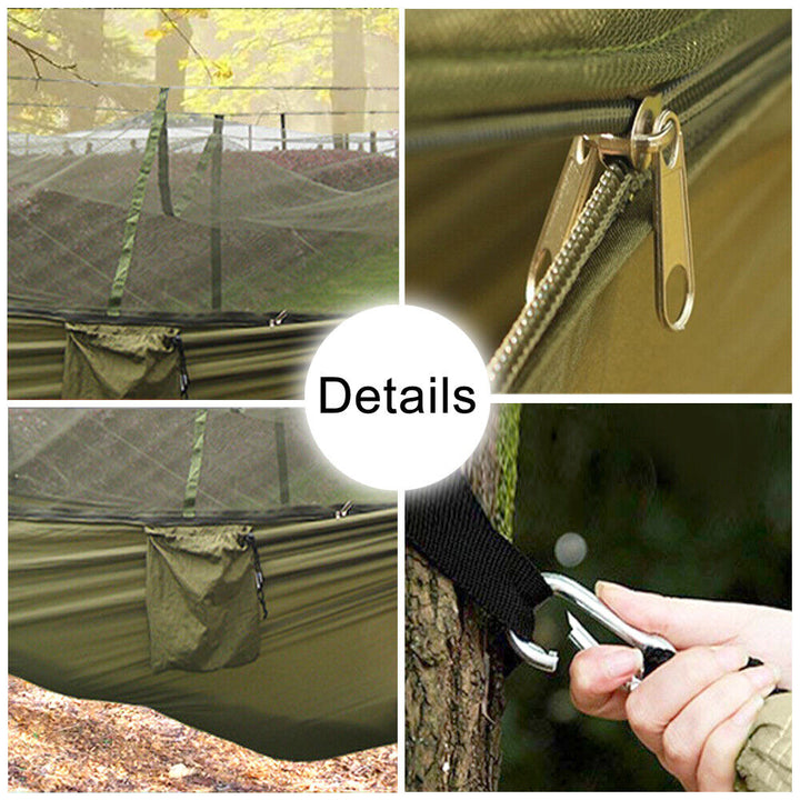 All-in-one camping hammock solution: integrated net, rainfly cover, and underquilt.