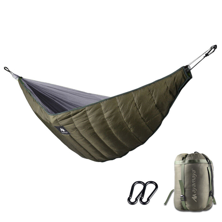 Outdoor shelter camping hammock with net and rainfly rolled up for portability.