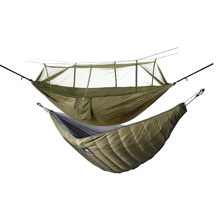 Comfortable camping hammock with an effective bug net and complete rainfly coverage.