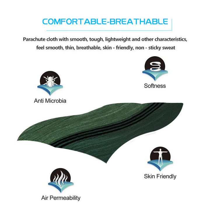 Camping hammock kit close-up, highlighting breathable net and weather-resistant rainfly fabric.