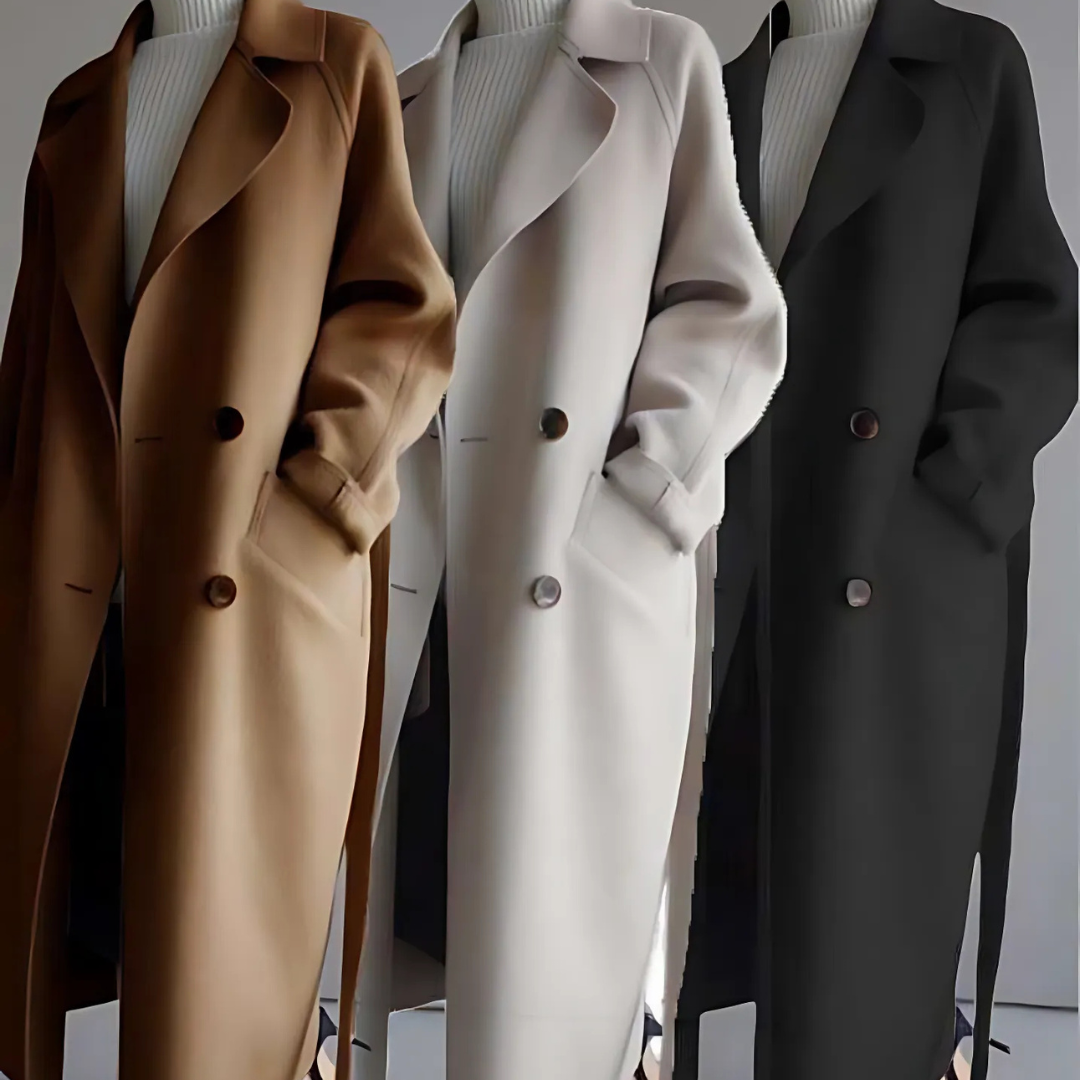 Cappotto classico donna in lana morbida, elegante e caldo, ideale per l'autunno/inverno, con fodera setosa e design senza tem