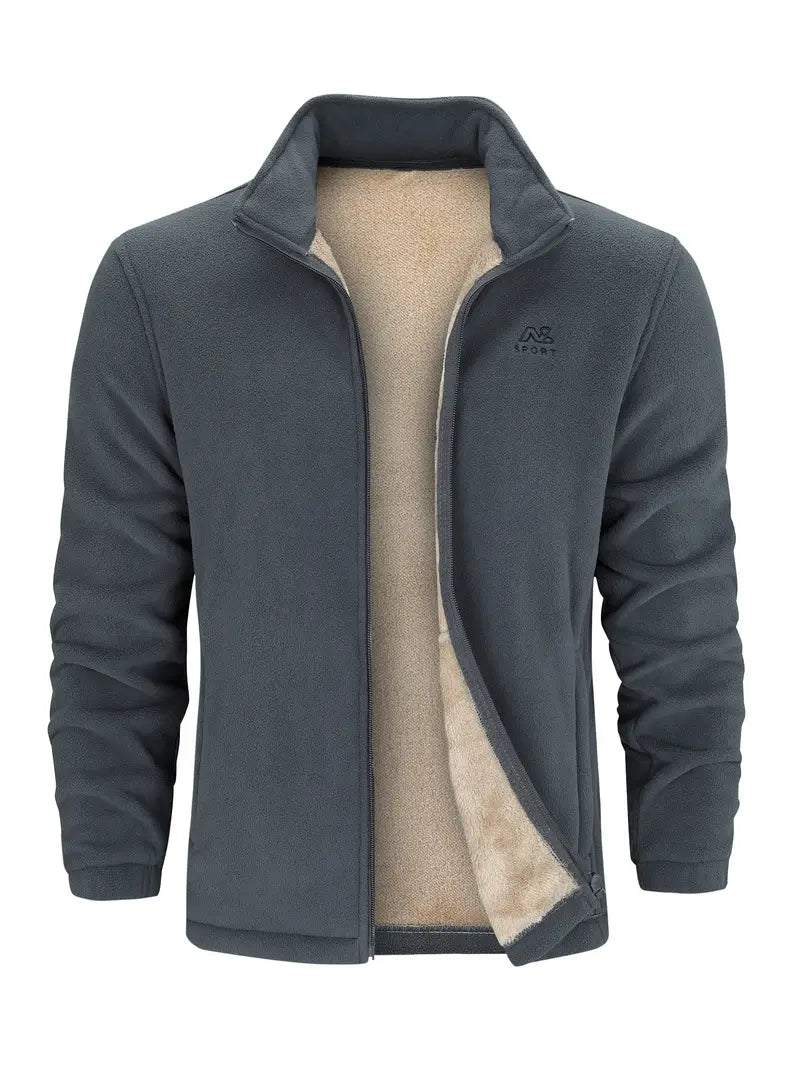 "Cardigan unisex in pile grigio chiaro con maniche lunghe, ideale per trekking e avventure outdoor in climi freschi."