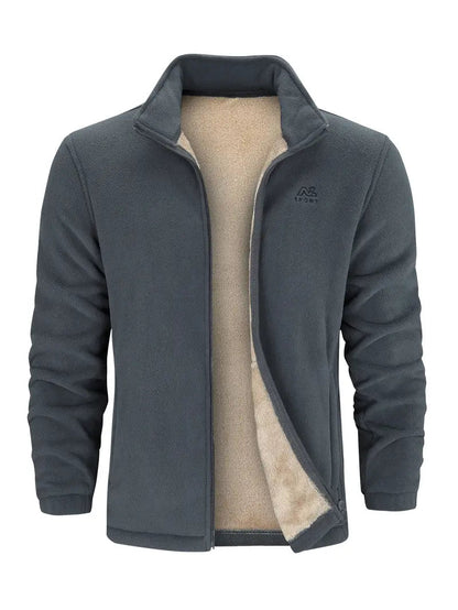 "Cardigan unisex in pile grigio chiaro con maniche lunghe, ideale per trekking e avventure outdoor in climi freschi."