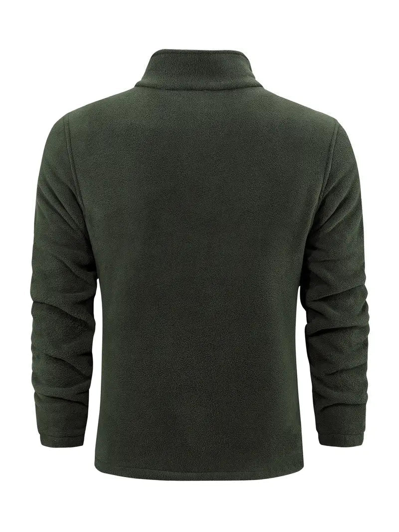 "Cardigan unisex in pile grigio chiaro con maniche lunghe, ideale per trekking e avventure outdoor in climi freschi."