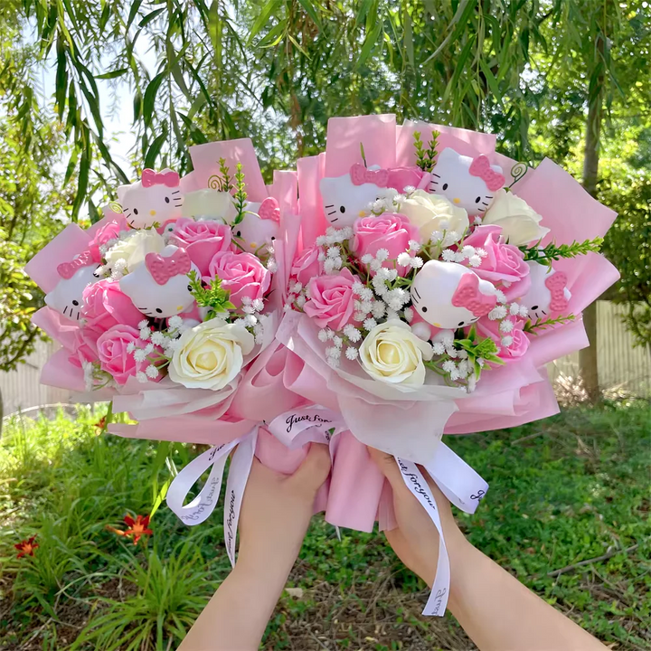 Unique charming cat plush flower bouquet, a memorable anniversary or birthday present. Includes cute cats & realistic soap flowers.