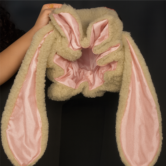 Warm women's bunny bonnet, a cute and soft sleep cap designed for comfortable hair protection.