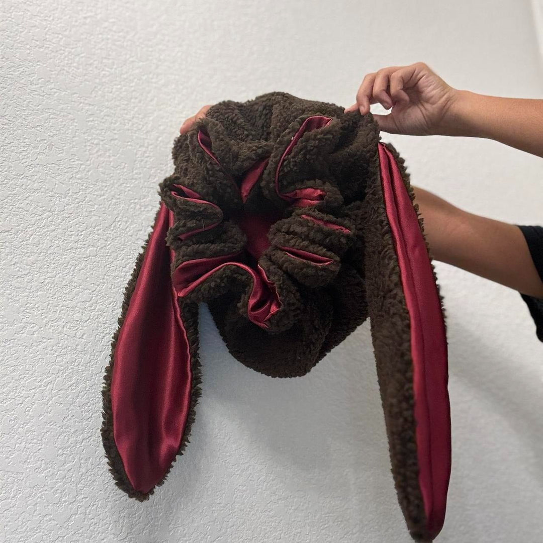 Cute women's soft bunny bonnet, ideal warm hat for hair protection & cozy winter lounging.