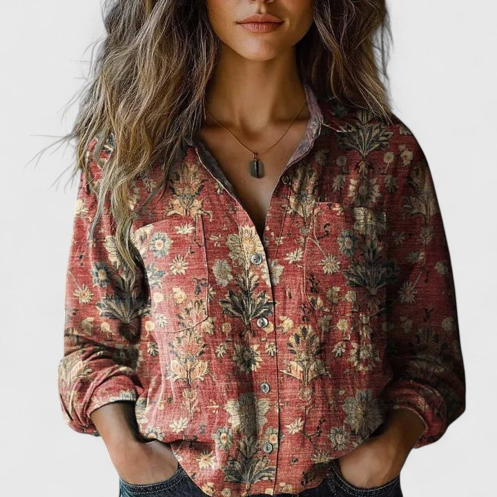 Elegant women's floral print long sleeve blouse with lapel collar. Perfect chic top for versatile autumn fashion.
