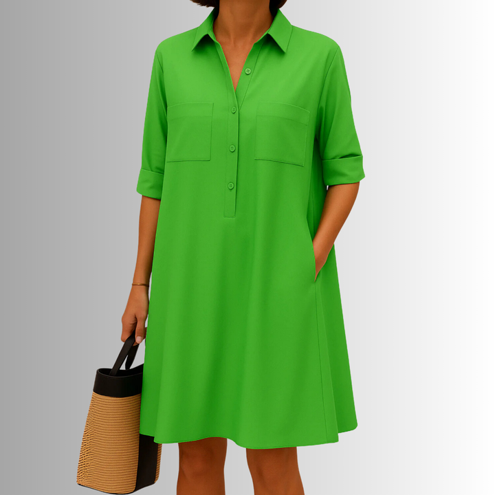 Chic women's button-front A-line dress, perfect for versatile fashion. Features a stylish collar and pockets.