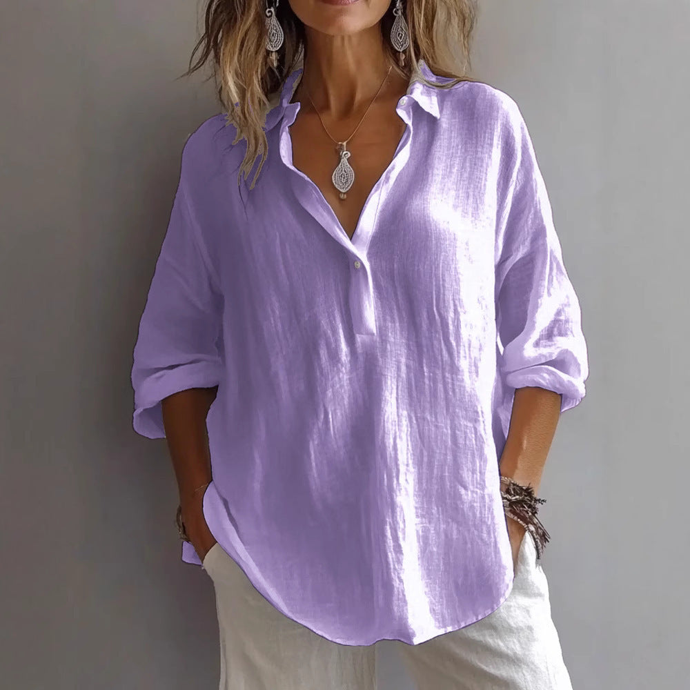 Versatile women's button-up shirt with flowing long sleeves, lightweight & breathable, great for daily wear.