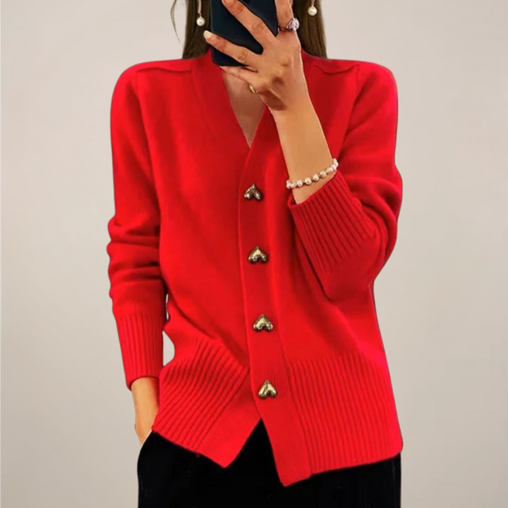 Versatile women's cardigan, perfect for casual or office attire. Stylish layering top with chic gold heart button accents.