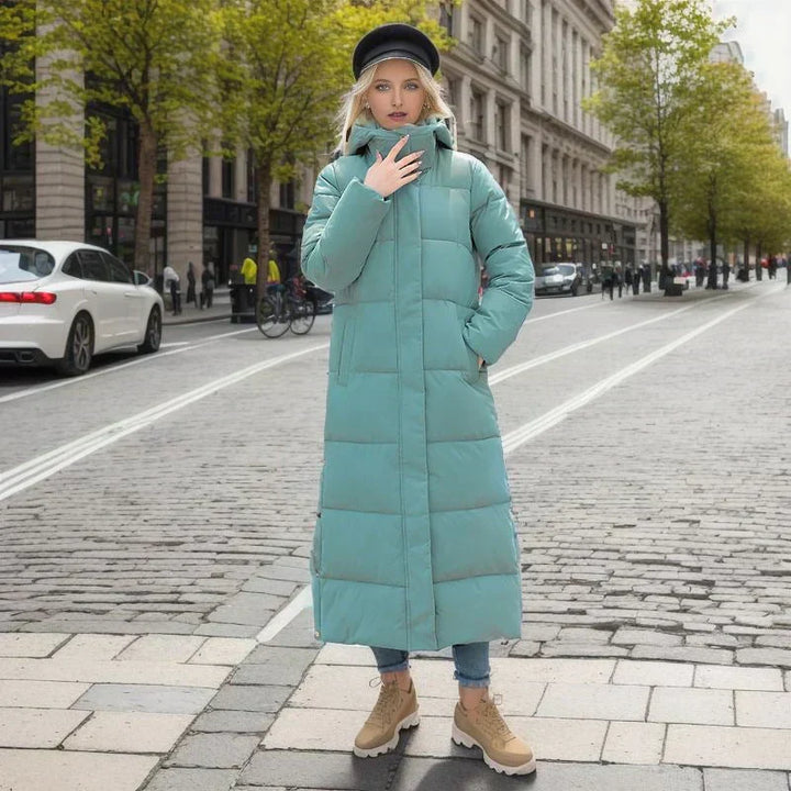Comfortable women's long winter coat, providing warmth and sophisticated style.