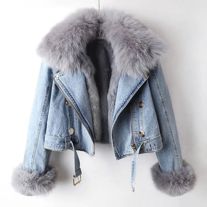 Chic women's moto jacket with luxurious detailing, perfect for stylish outerwear & modern layering.